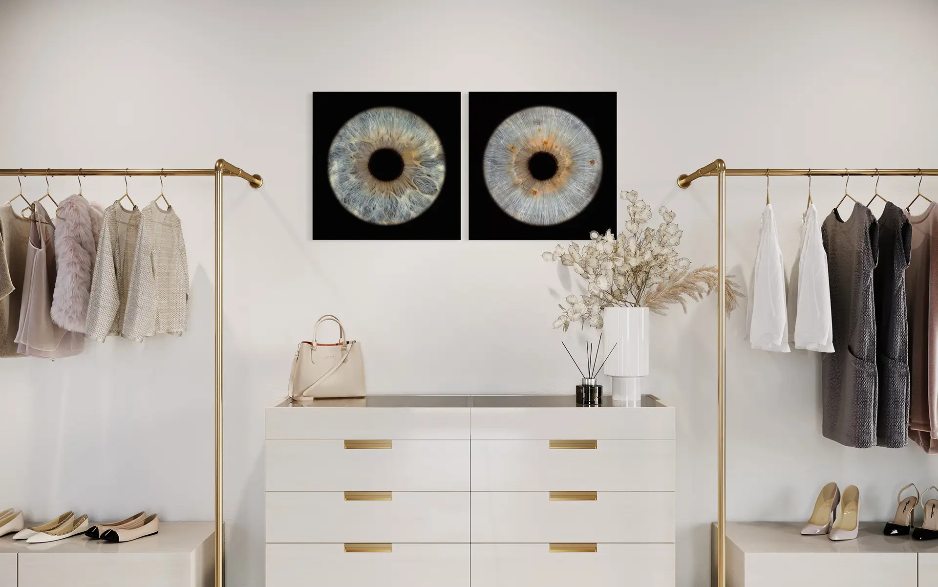 Two blue iris wall prints as a couple's artwork in a dressing room