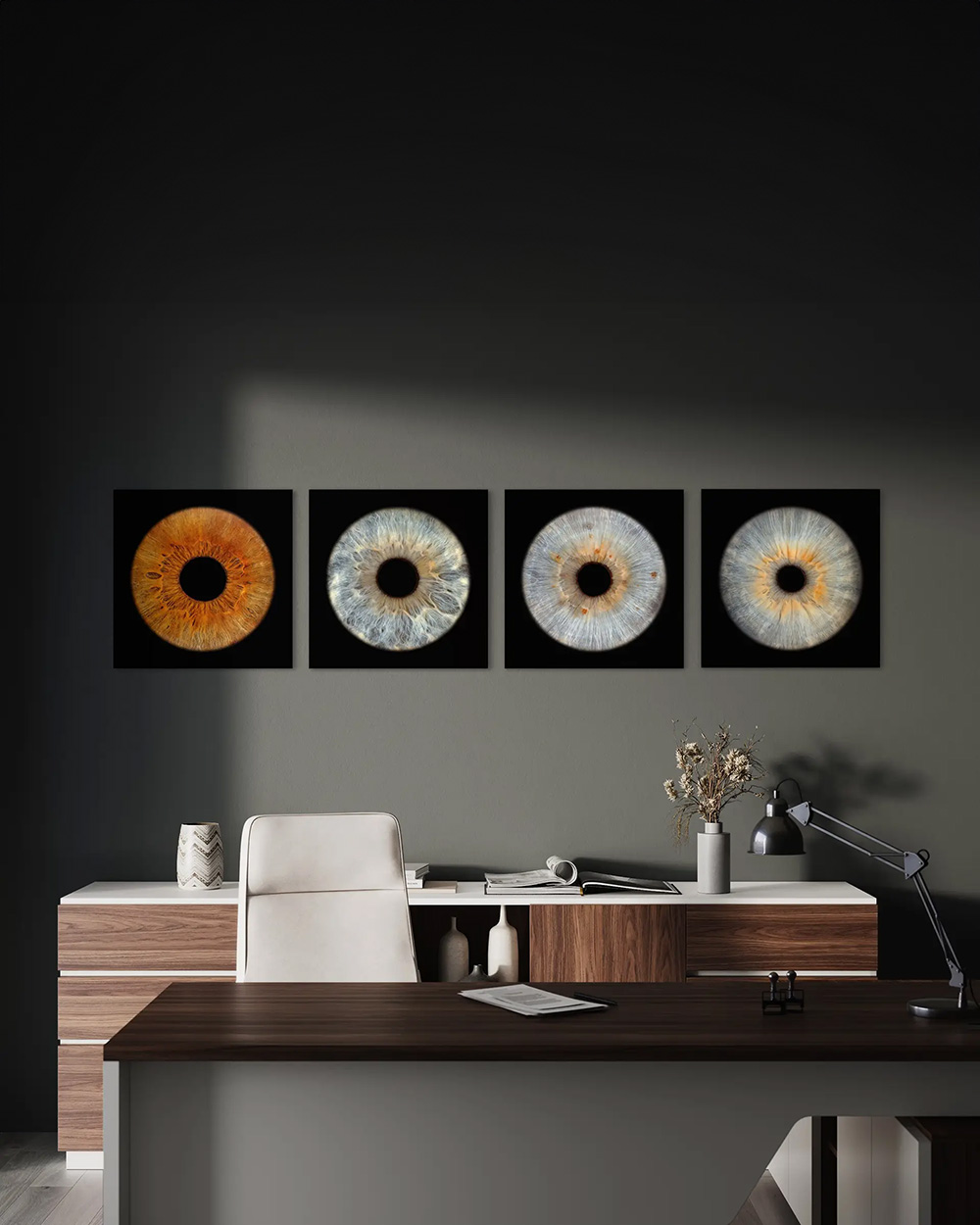Four single iris wall prints in a modern office