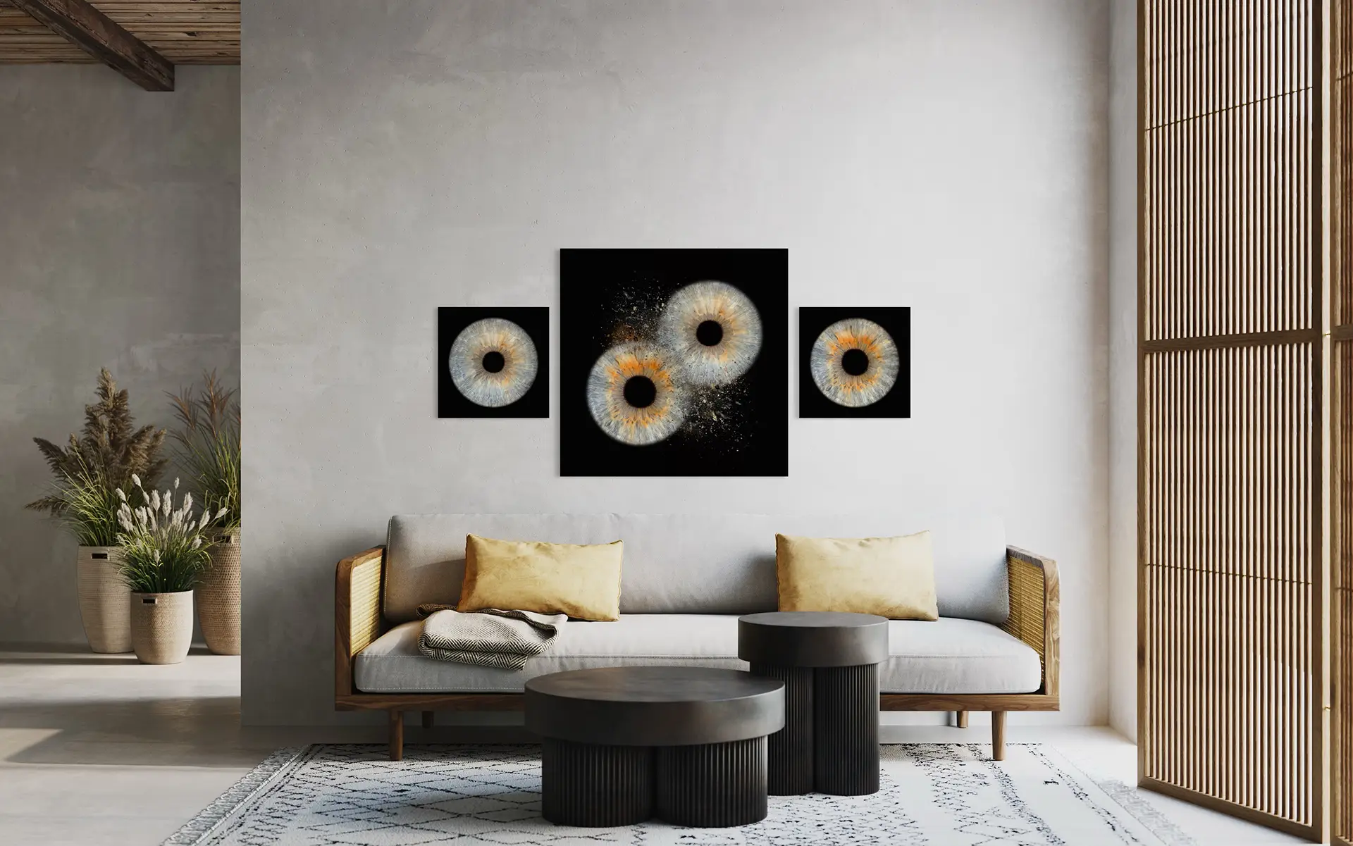 Iris wall-art arrangement in the living room – clash and single prints